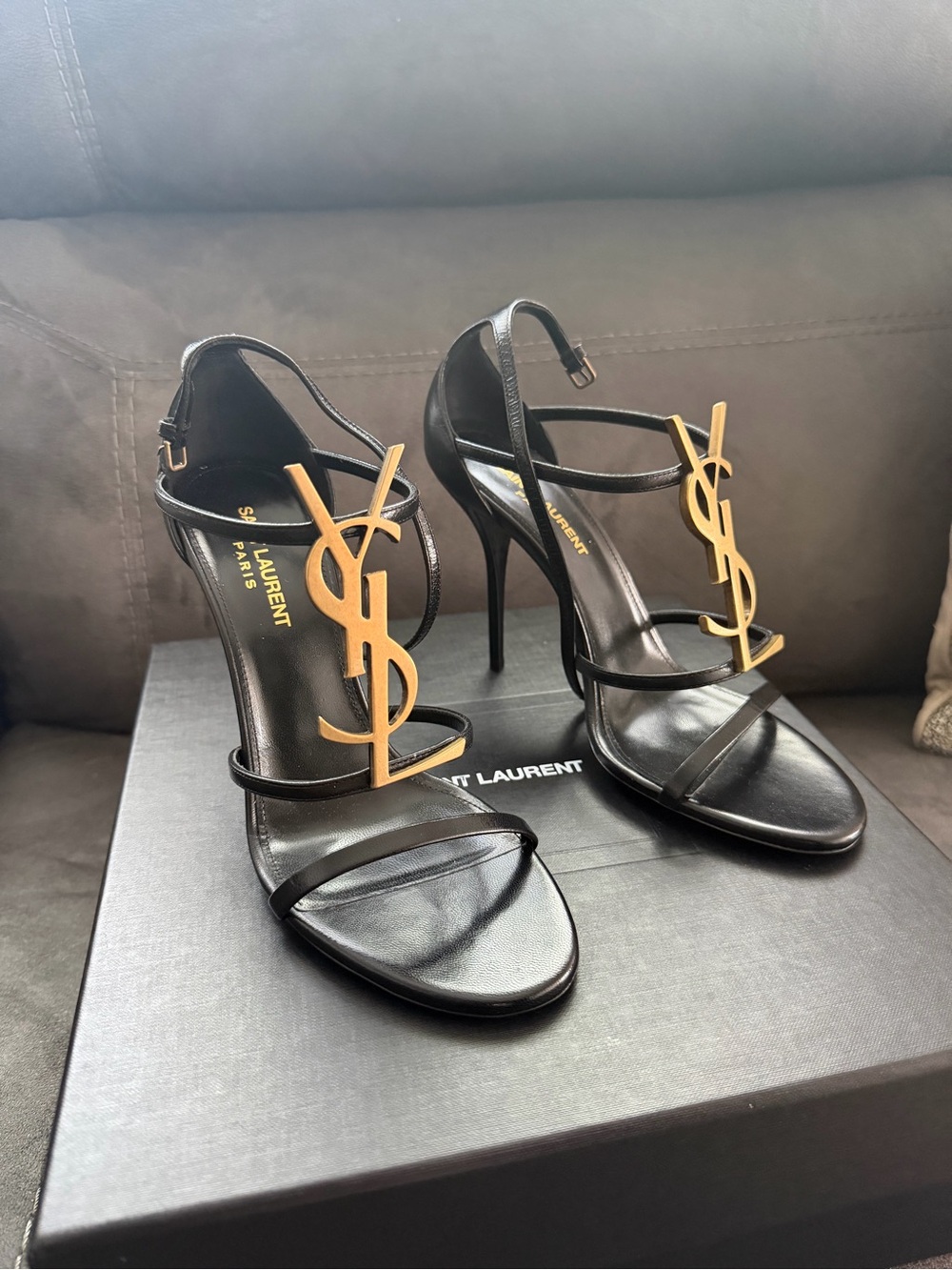 Saint Laurent Black Leather Stiletto Sandals with Gold YSL Logo